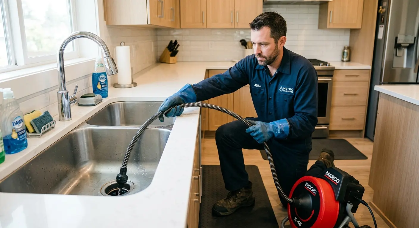 Drain cleaning technician using a motorized snake on a kitchen sink in Windsor