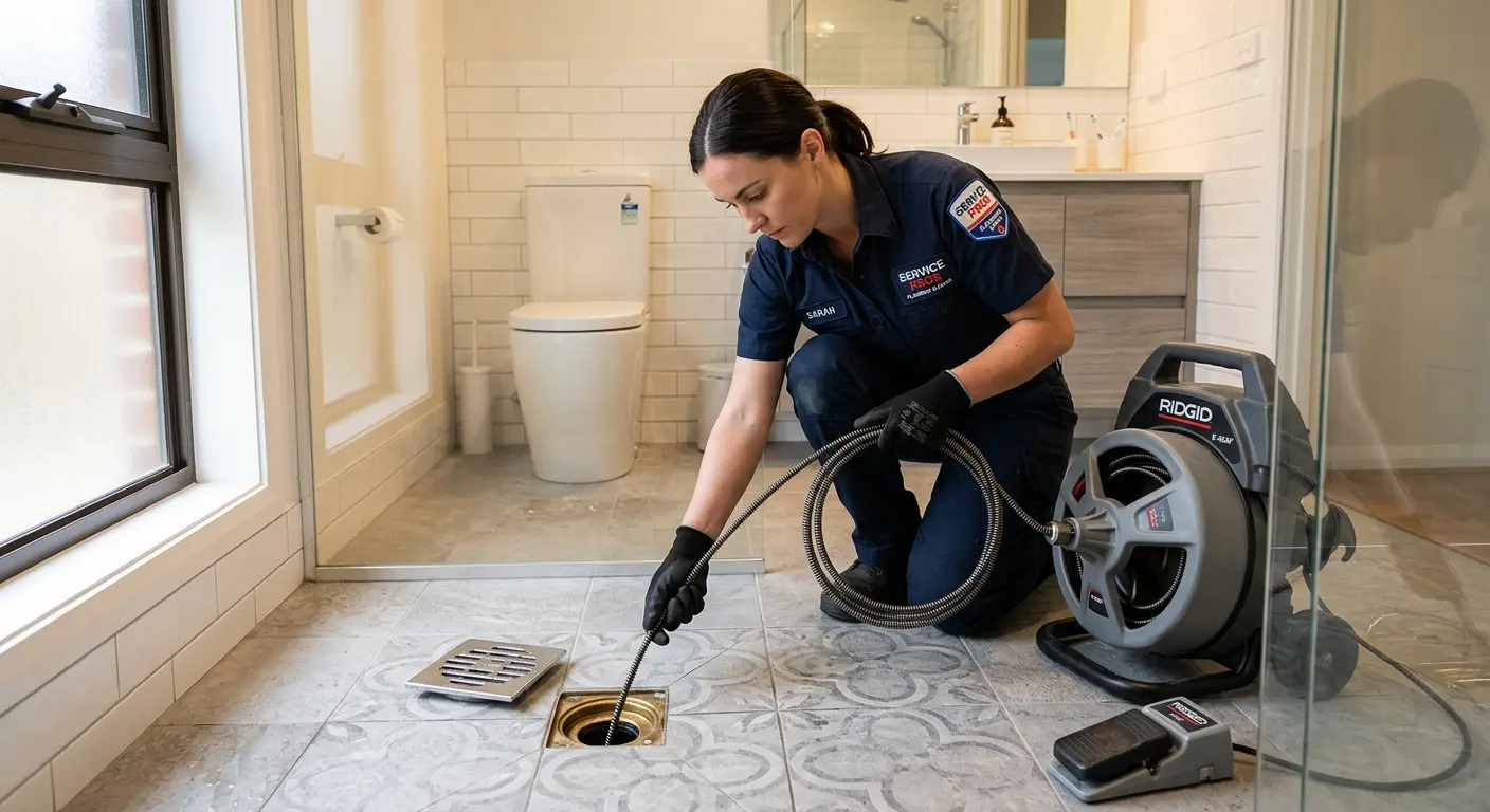 Technician clearing a bathroom floor drain for Drain Repair in Windsor